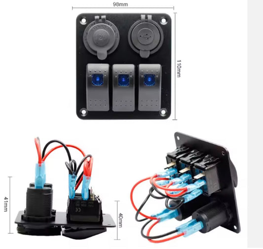 3 Gang Switch Panel with USB, Cig socket and voltmeter